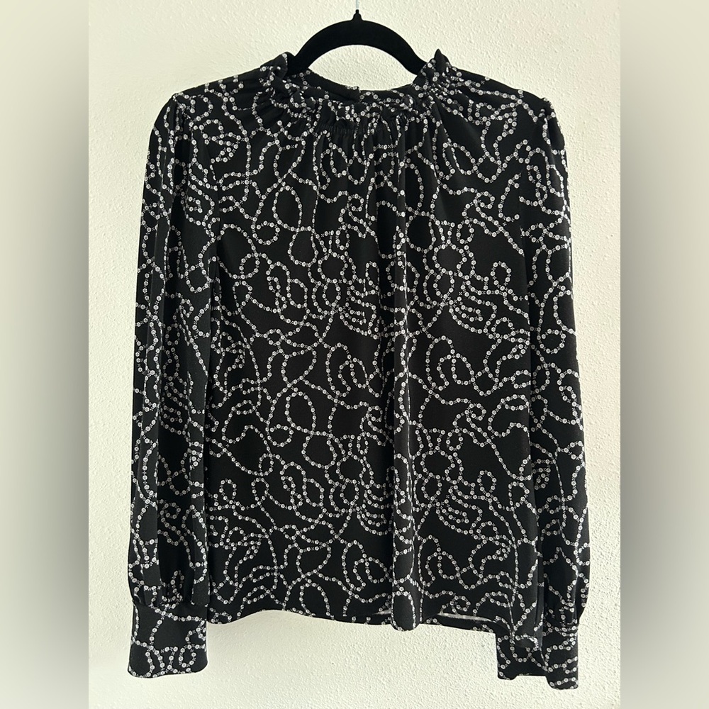 Adrianna Papell Black Blouse with White Floral Dot Swirl Pattern Size Medium